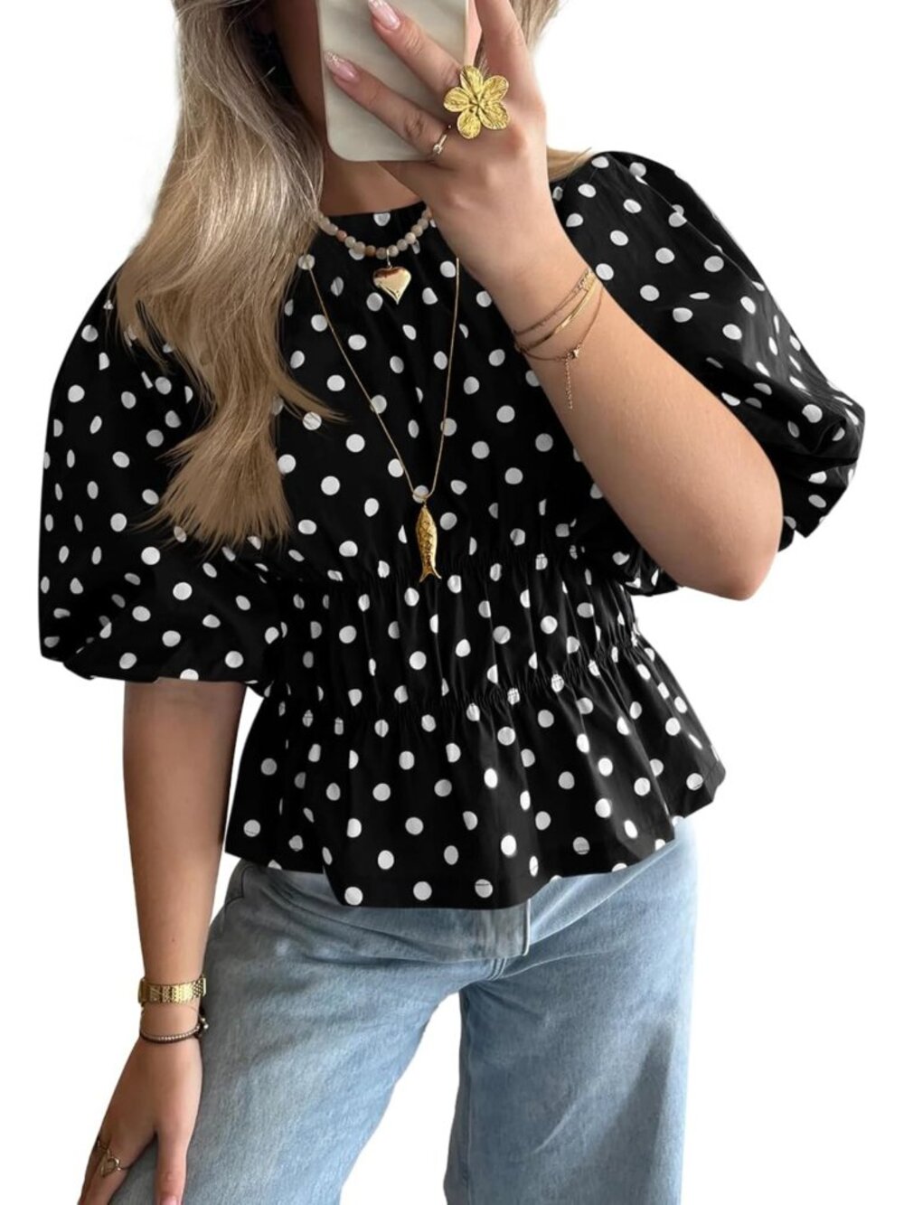 Polka Dot Peplum Blouse for Women | Round Neck Puff Sleeve Summer Top